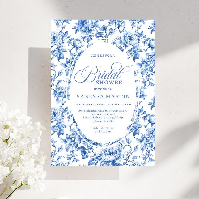 Invitation Elegant Blue Toile Rose Floral Bridal Shower Invit (Elegant Blue Toile Rose Floral Bridal Shower Invitation)