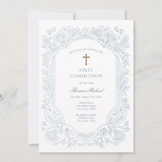 Invitation Elegant Blue Traditional First Communion  (Devant)