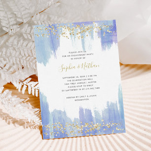 Invitation Elégant Blue Watercolor et Gold Engagement Party