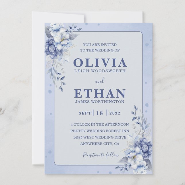 Invitation Elegant Blue Watercolor Floral Traditional Wedding (Devant)