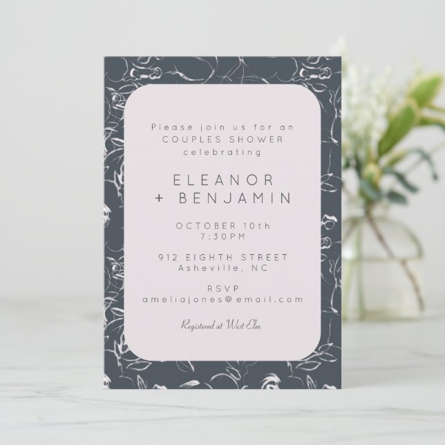 Invitation Elégant Blush and Grey Botanical Couples Douche (Debout devant)