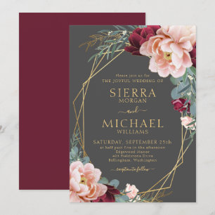 Invitation Elégant Blush Burgundy Grey Gold Peony Mariage