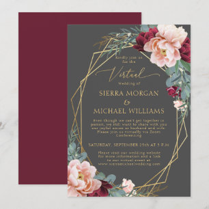 Invitation Elégant Blush Burgundy Grey Mariage virtuel Gold