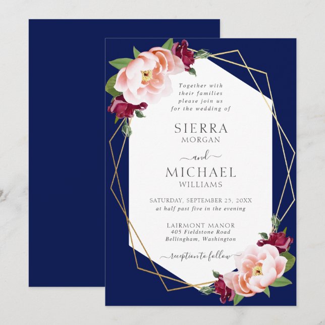 Invitation Elégant Blush Burgundy Navy Blue Gold Mariage (Devant / Derrière)
