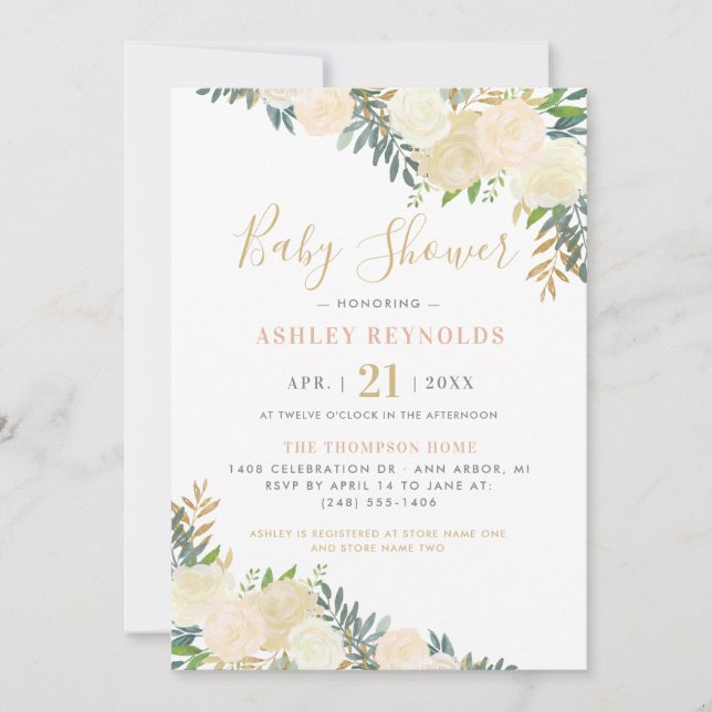 Invitation Elégant Blush et or Baby shower de verdure fleurie (Devant)