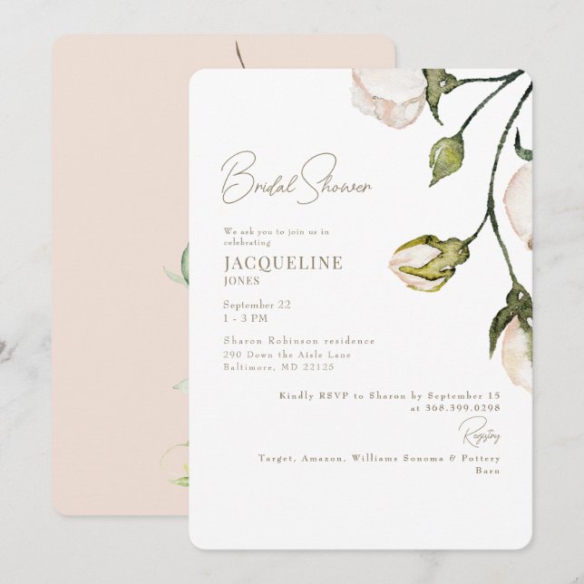 Invitation Élégant Blush Fête des mariées botanique florale (Devant / Derrière)