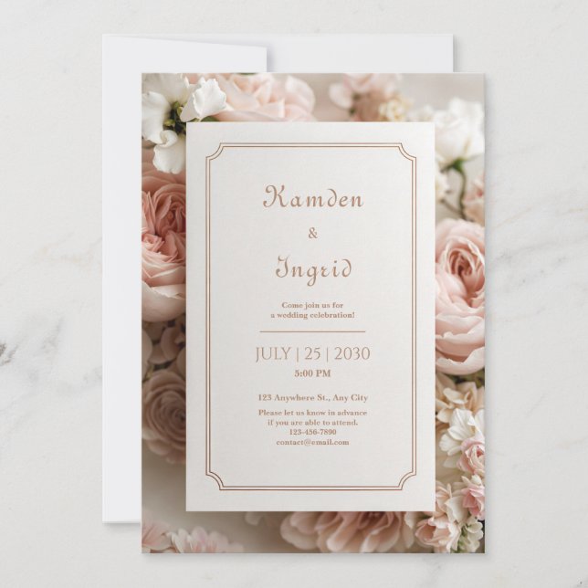 Invitation Elegant Blush Floral Bronze Ticket Frame Wedding (Devant)