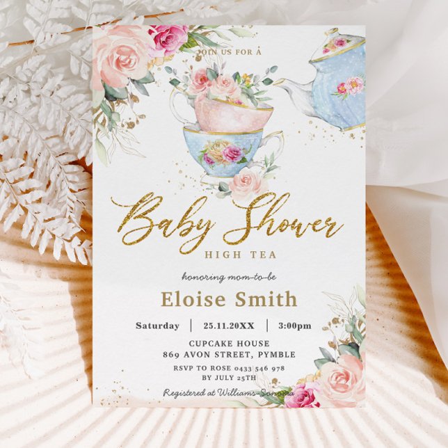 Invitation Elégant Blush Floral High Tea Party Baby shower (Créateur téléchargé)