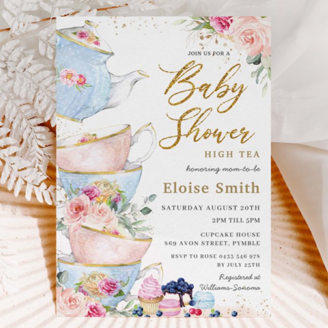 Invitation Elégant Blush Floral High Tea Party Baby shower (Créateur téléchargé)