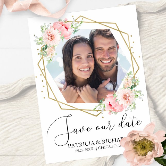Invitation Elégant Blush Floral Photo Wedding Enregistrer la  (Créateur téléchargé)