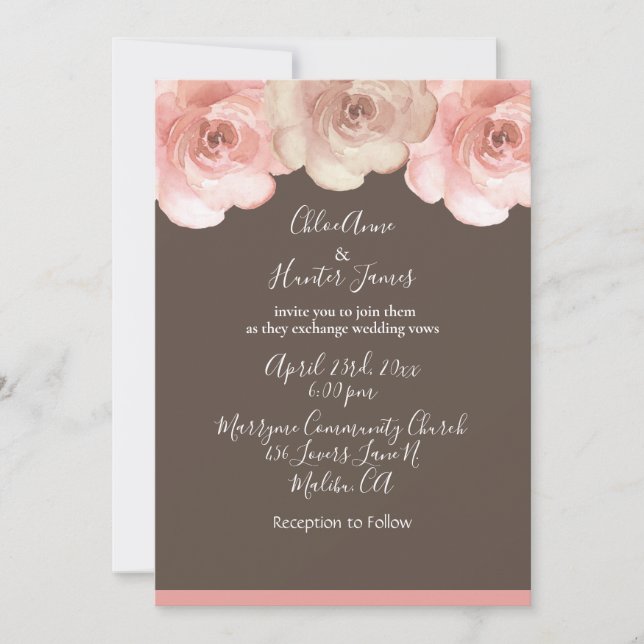 Invitation Élégant Blush Floral Rose Brown Mariage simple (Devant)