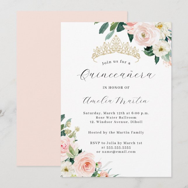 Invitation Élégant Blush Floral Tiara Quinceanera (Devant / Derrière)