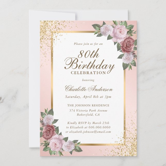 Invitation Elégant Blush Gold Confetti Floral 80e anniversair (Devant)