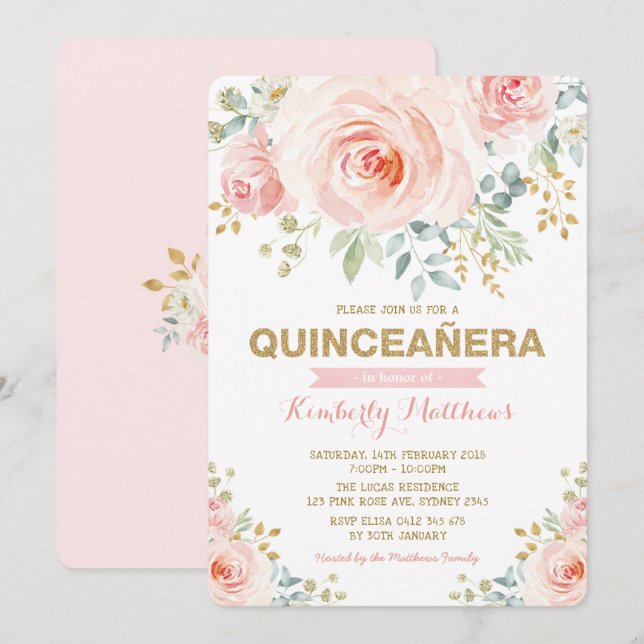 Invitation Elégant Blush Gold Floral Greenery Quinceañera (Devant / Derrière)