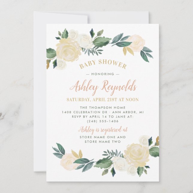 Invitation Elégant Blush Gold Green Floral Girl Baby shower (Devant)
