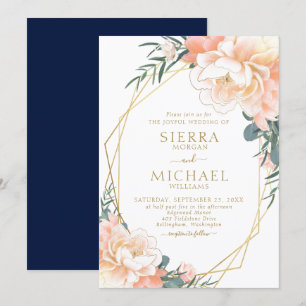Invitation Elégant Blush Gold Peach Marine Blue Floral Mariag