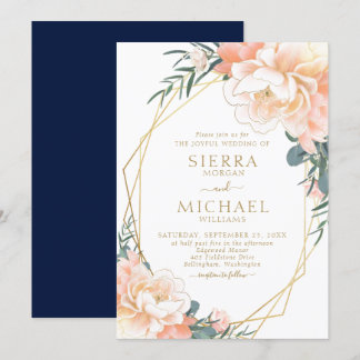 Invitation Elégant Blush Gold Peach Marine Blue Floral Mariag