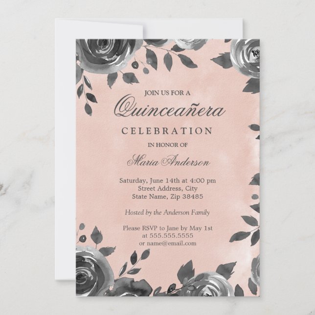Invitation Elégant Blush & Grey Aquarelle Quinceanera Invitat (Devant)