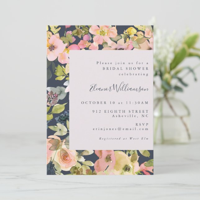 Invitation Elégant Blush Navy Aquarelle Fête des mariées flor (Debout devant)