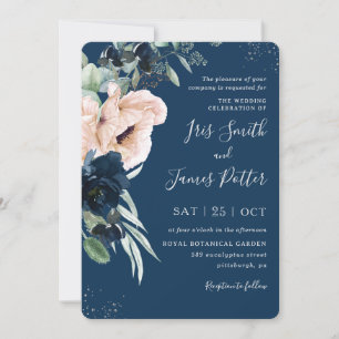 Invitation Elégant Blush Navy Blue Floral Silver Mariage