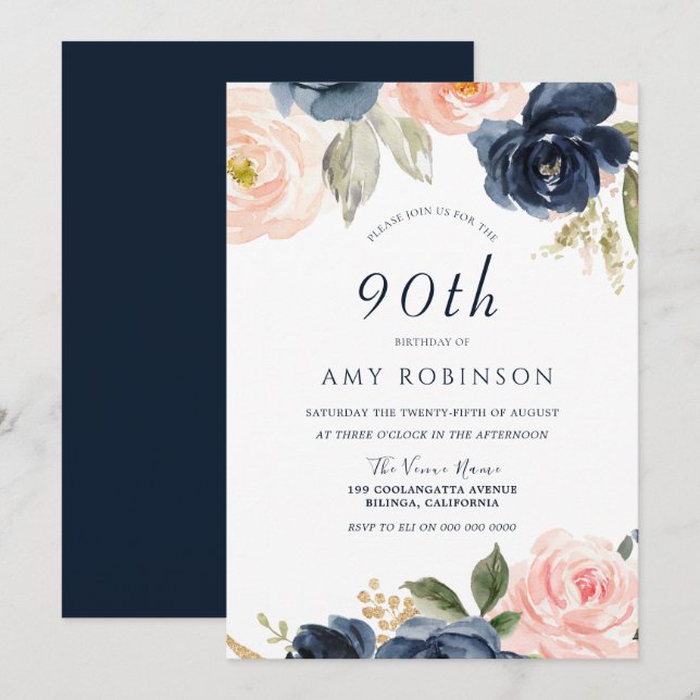 Invitation Elégant Blush & Navy Floral 90e fête d'anniversair (Devant / Derrière)