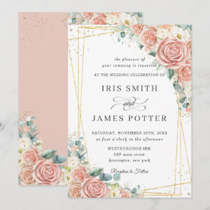 Invitation Élégant Blush Peach Ivory Floral Rose Mariage