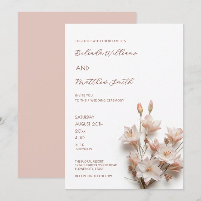 Invitation Elegant Blush Pink 3D Flowers  (Devant / Derrière)