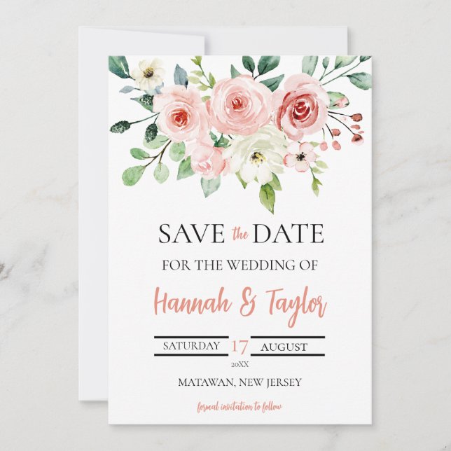 Invitation Élégant Blush Pink Floral enregistrer la date Mari (Devant)