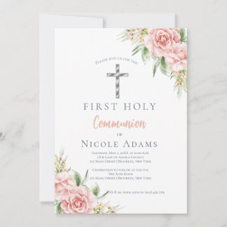 Invitation Elegant Blush Pink Floral First Holy Communion