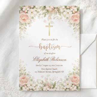 Invitation Elegant Blush Pink Floral Gold Cross Baptism