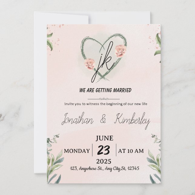 Invitation Elegant Blush Pink Floral Wedding Invite (Devant)