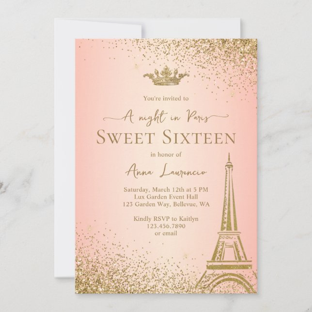 Invitation Elégant Blush Pink Gold Paris Thème de nuit Sweet  (Devant)