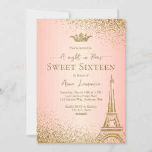 Invitation Elégant Blush Pink Gold Paris Thème de nuit Sweet 