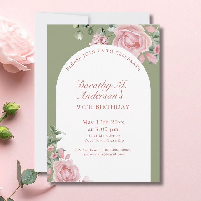 Invitation Elegant Blush Pink Roses 95th Birthday Party  (Créateur téléchargé)