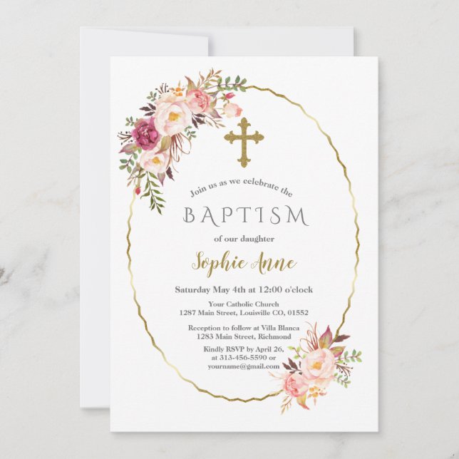 Invitation Élégant Blush Red Flowers Gold Girl Baptism (Devant)