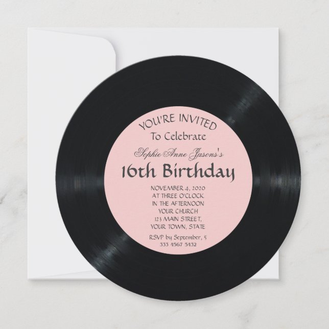 Invitation Elégant Blush Retro Vinyl Record Anniversaire (Devant)