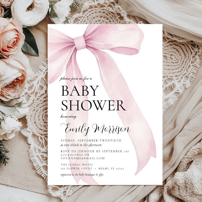 Invitation Elégant Blush rose Aquarelle Bow Girl Baby shower (Créateur téléchargé)