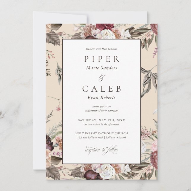 Invitation Elégant Blush rose Bourgogne Mariage floral Invita (Devant)
