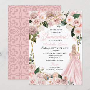Invitation Elégant Blush rose et or Floral Quinceanera Inv