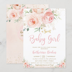 Invitation Élégant Blush rose Floral Baby shower fille or