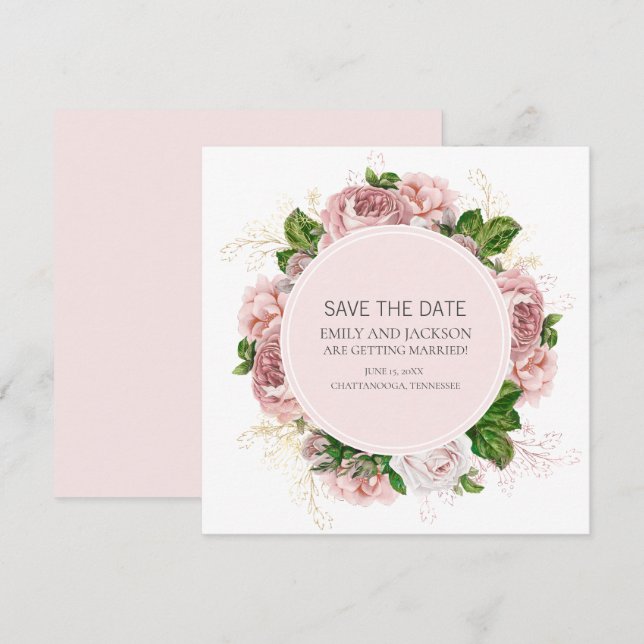 Invitation Élégant Blush Rose Floral Blanc Mariage Date de sa (Devant / Derrière)