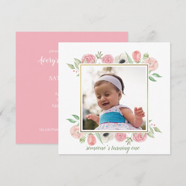 Invitation Elégant Blush rose Floral Frame Baby 1er anniversa (Devant / Derrière)