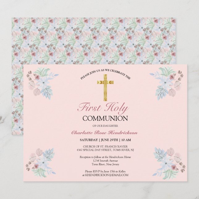 Invitation Élégant Blush Rose Floral Première Sainte Communio (Devant / Derrière)