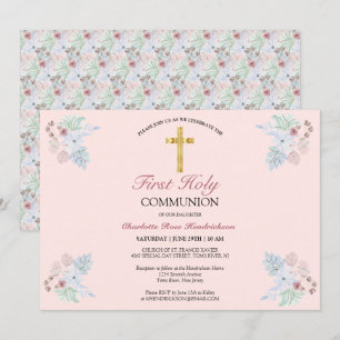 Invitation Élégant Blush Rose Floral Première Sainte Communio