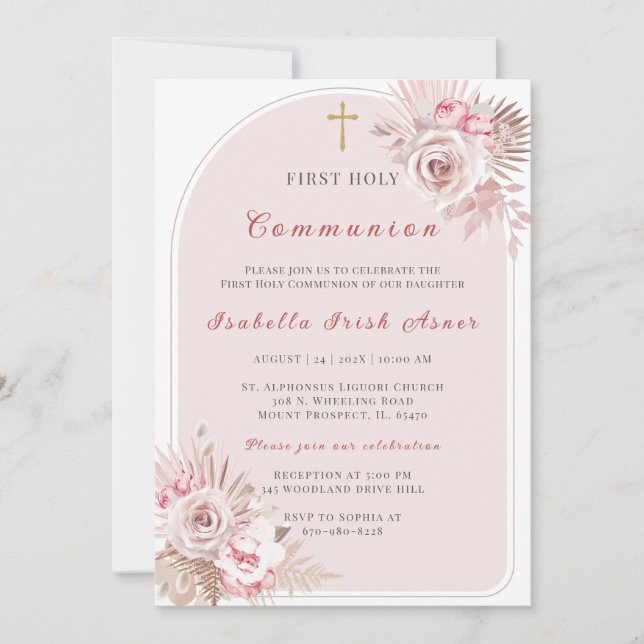 Invitation Élégant Blush Rose Floral Première Sainte Communio (Devant)