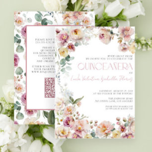 Invitation Élégant Blush rose Floral QR Quinceañera