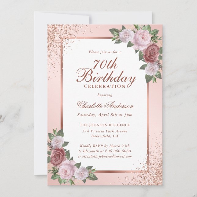 Invitation Elégant Blush Rose Gold Floral 70e anniversaire (Devant)
