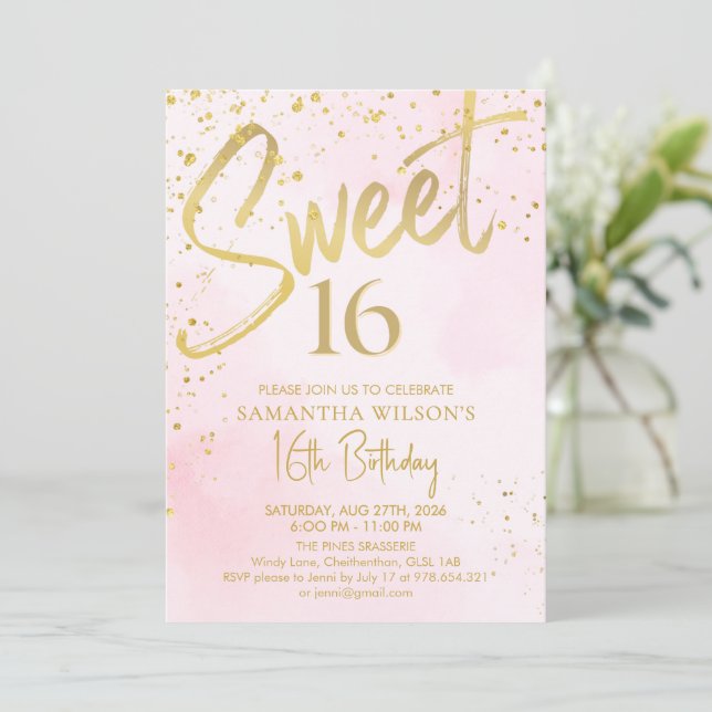 Invitation Élégant Blush Rose & Gold Sweet 16 Anniversaire (Debout devant)