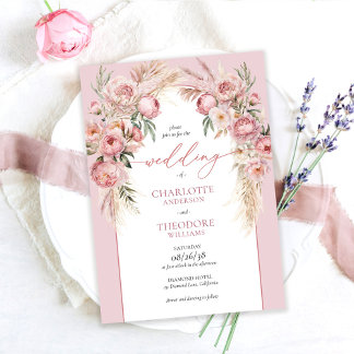 Invitation Elegant Blush Roses Pampas Grass Floral Wedding