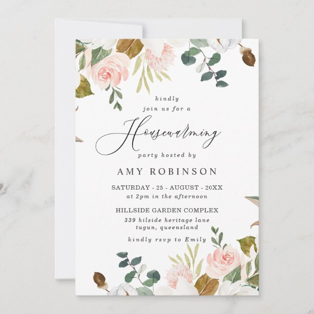 Invitation Élégant Blush & White Floral House Party (Devant)